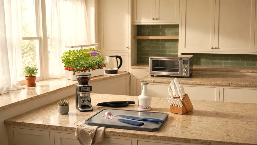 cozy solo kitchen with light coming through sheer curtain. Solo kitchen finds are on the counter tops.
