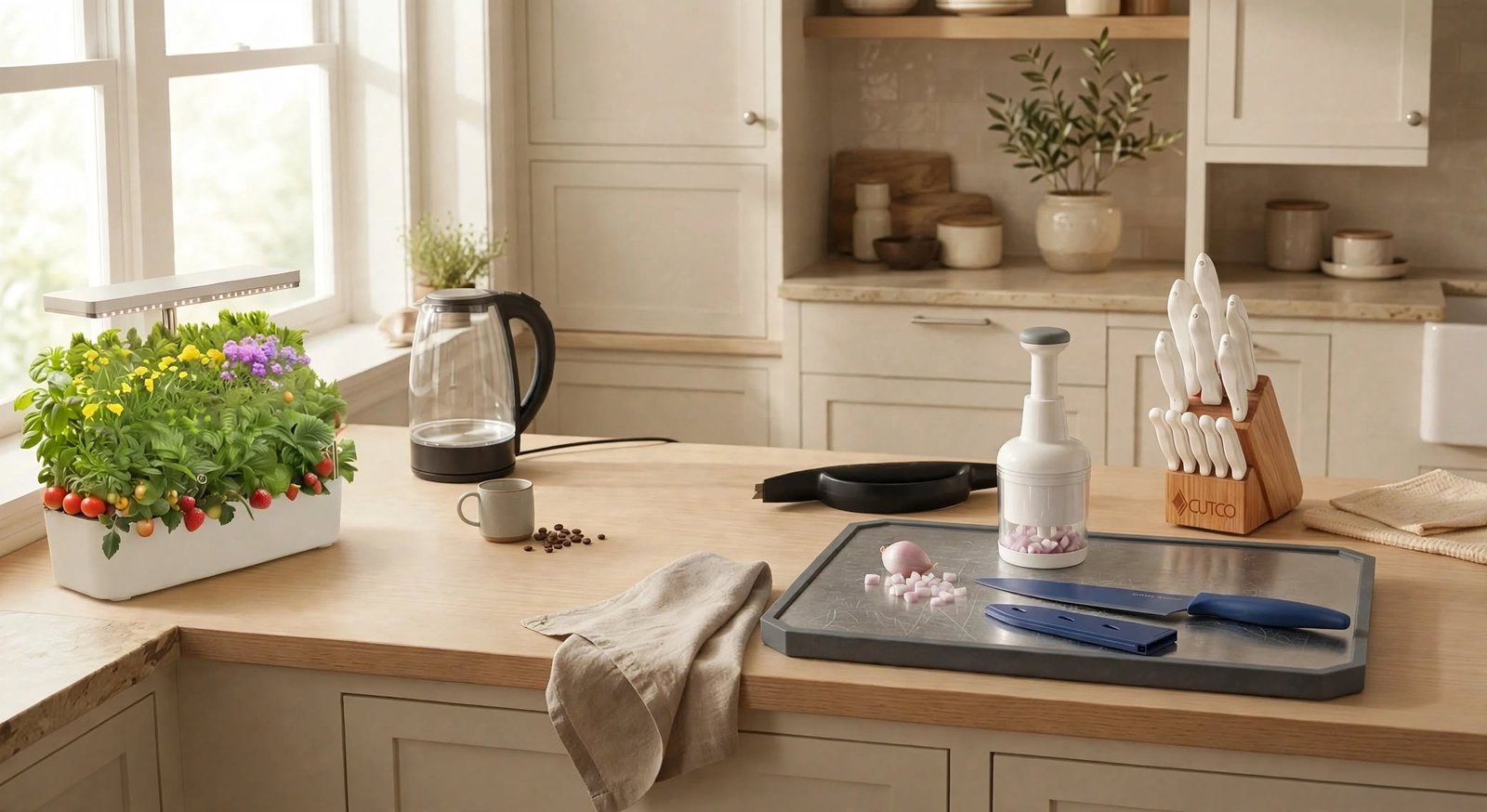 Solo kitchen counter with hydroponic grower, kettle, cutting board and knives