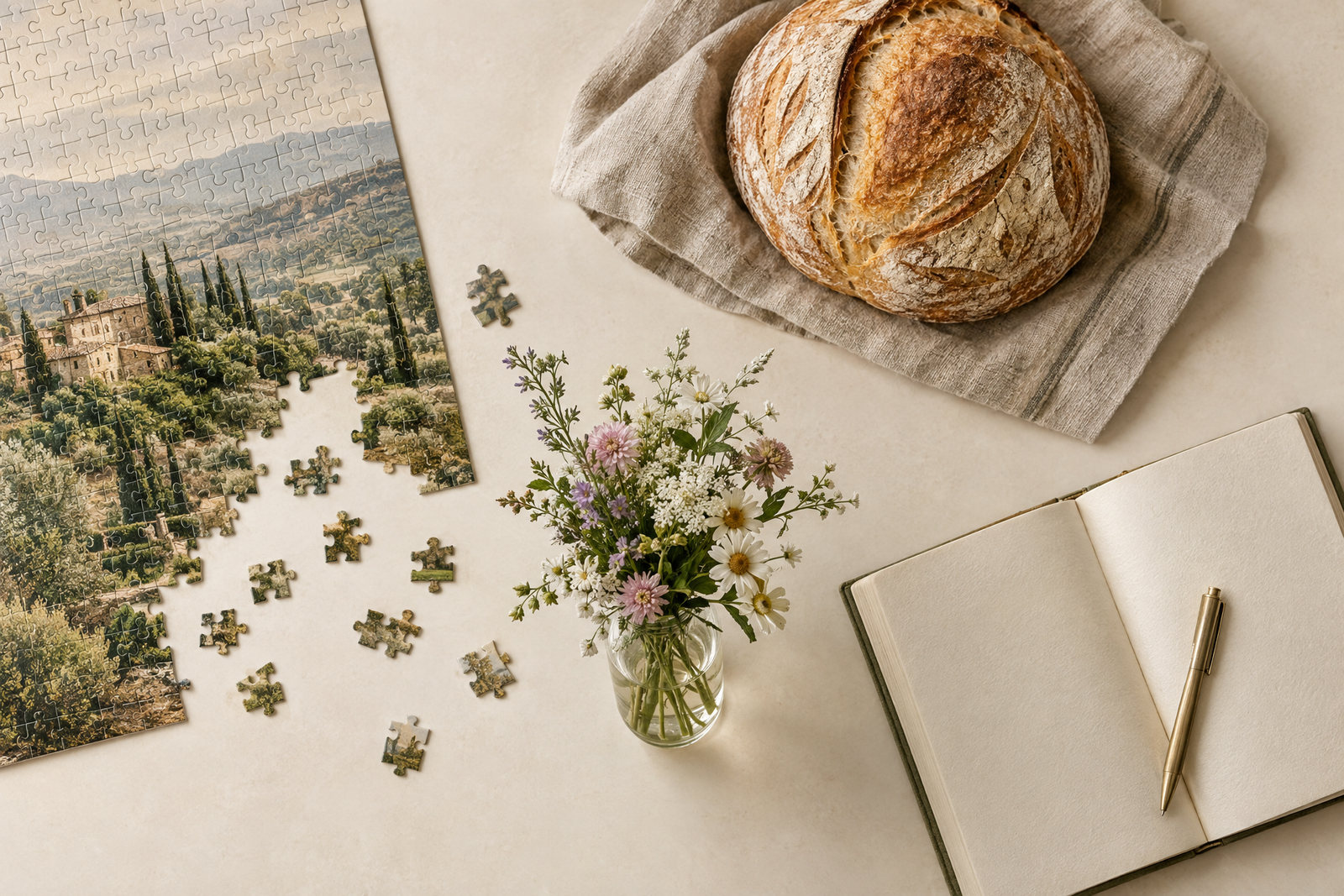 Flat lay of solo hobbies for women including a jigsaw puzzle, sourdough bread, wildflowers and a journal