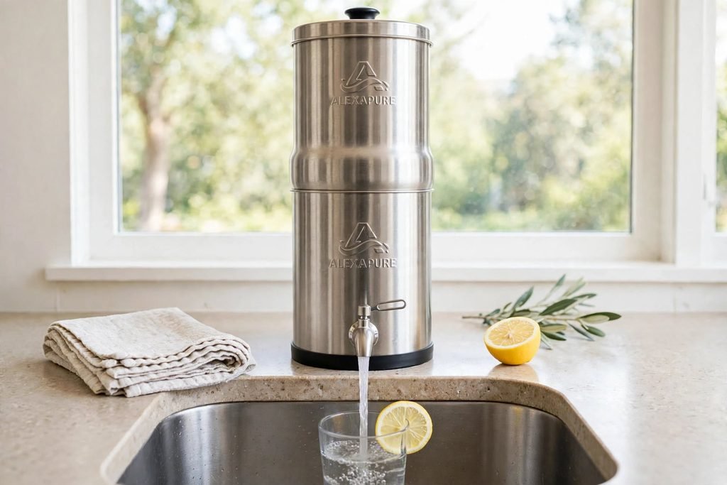 Alexapure Pro review. Alexapure on a counter over a sink with the open spigot and water pouring into a glass with a wedge of lemon.