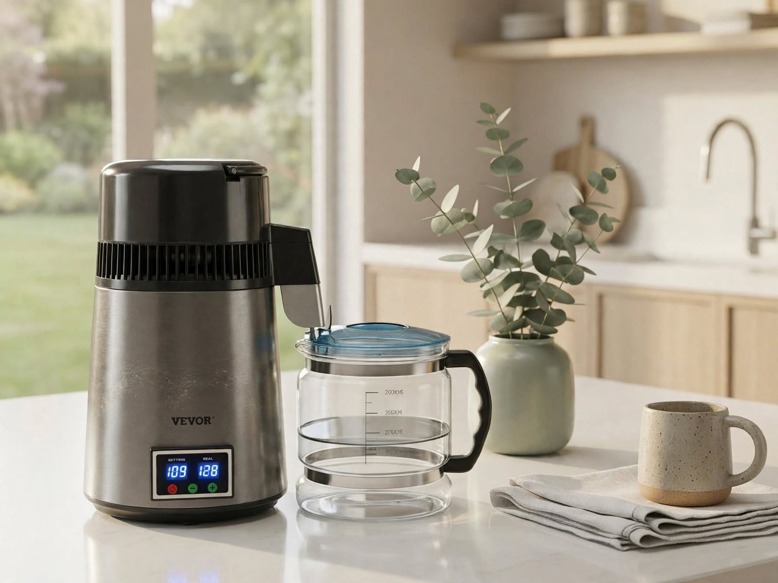 Vevor water distiller on a light counter top next to a carafe and, mug on a napkin and small plant. Bright airy kitchen.