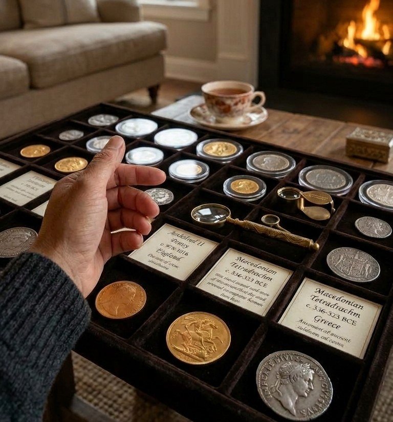 photo of a coin collection on a coffee table with a lit fireplace in the background