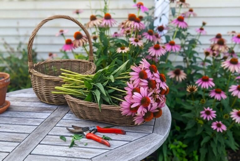 asket of freshly cut pink coneflowers with garden pruners on a table during fall garden cleanup in a zone 6b garden